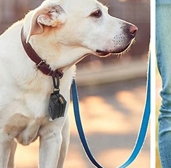Dispensador de bolsas CiberPets enganchado al collar del perro en un paseo